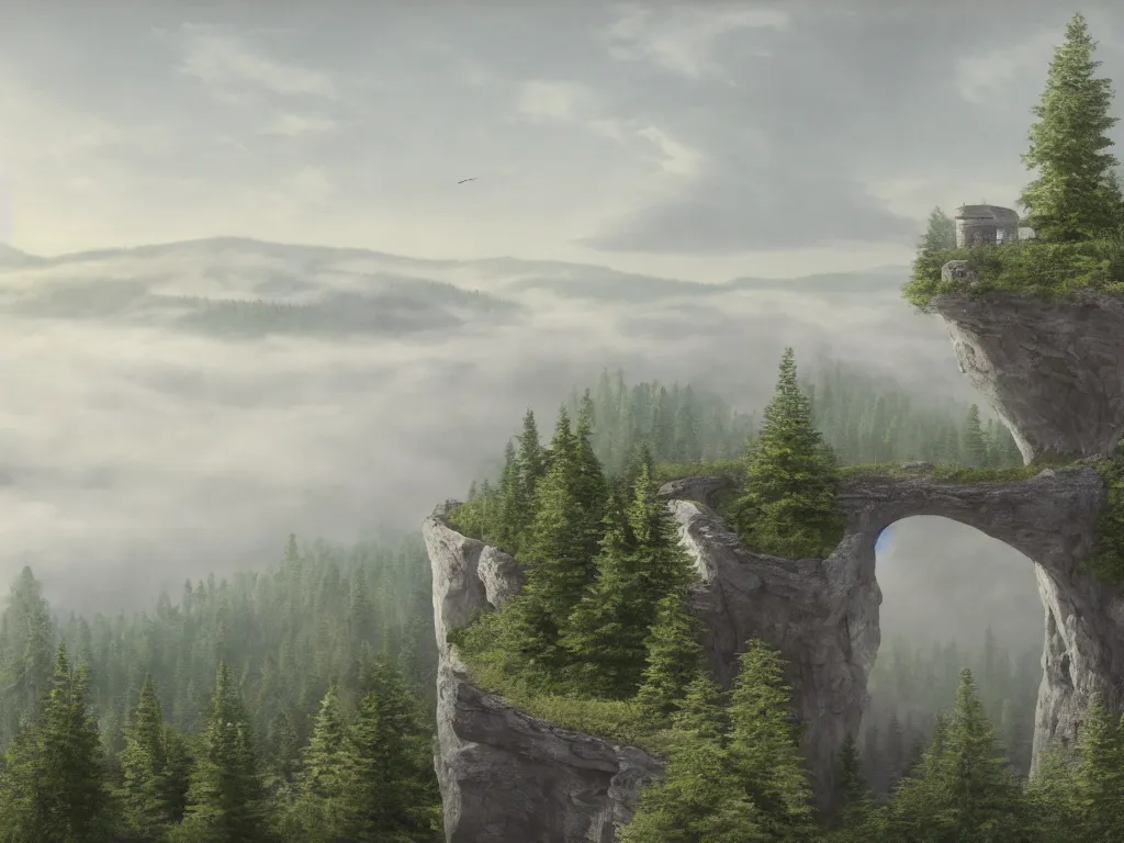 Prompt: A beautiful matte drawing of a small ellipse-shaped building with rounded windows, standing on a large cliff near a coniferous forest. A very thin stone bridge goes over the cliff. View from afar, photorealism, fog, 8k, 16k