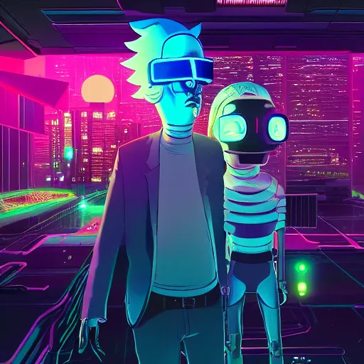 Image similar to cyberpunk rick and morty bot, cinema 4 d, galaxy space sci - fi, wearing vr goggles, illustration, portrait, pastel neon textured background night, trending on artstation, greg rutkowski, octane rendered, 1 2 k, detailed,