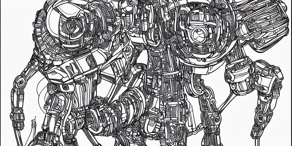 Image similar to a portrait of an ultra detailed mechanical robot with anthropomorphic look frond mid - level body view in black and white ink line art