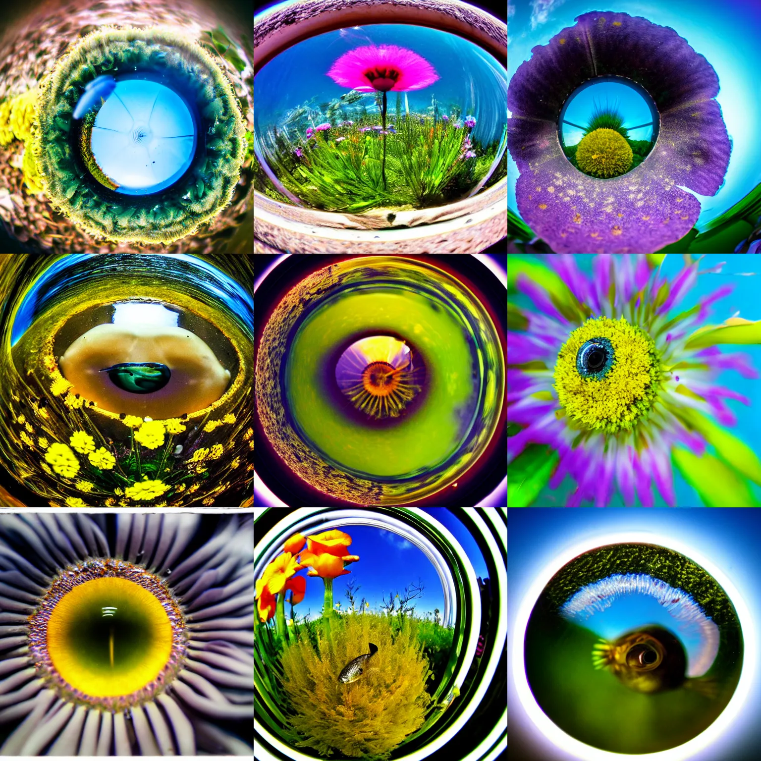 Prompt: Fish-eye photography very close to a flower