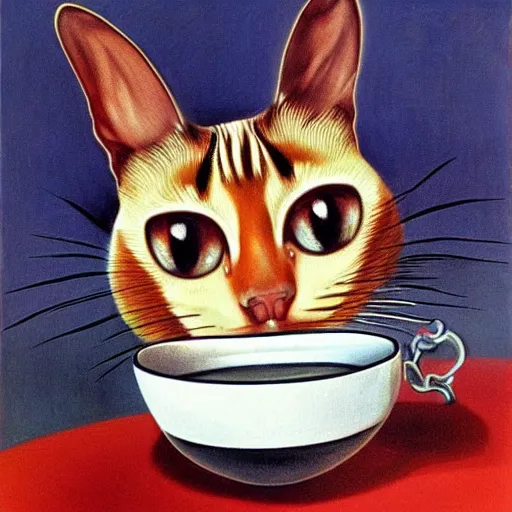 Prompt: A portrait of a siamese cat that has a long neck drinking coffee, oil painting by Salvador Dali