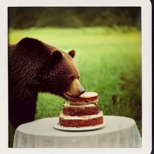 Prompt: polaroid photo of a bear eating cake