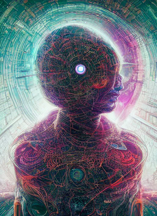 Prompt: a machine god in the machine universe encounters a living being organic cosmos inside an asymmetric orthogonal non - euclidean upside down inside out world with an infinite cosmic spiral waterfall of living information, inspired by android jones and beeple and carne griffiths, hyperrealistic, extreme detail, digital art, concept art, rendered in cinema 4 d, cryengine 8 k