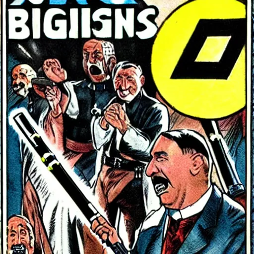 Image similar to comic book of angry jews with lightsabers and adolf hitler accurate eyes high detail