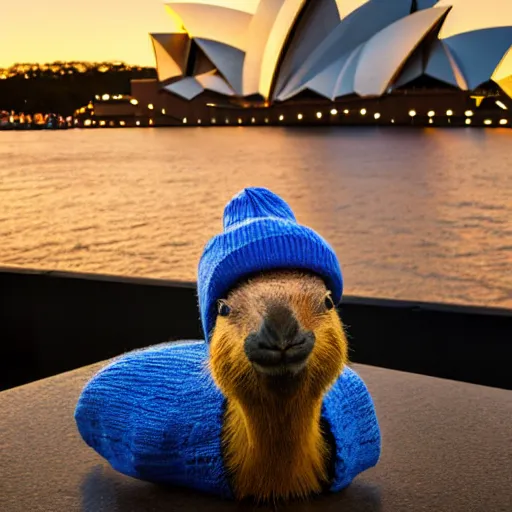 Prompt: a photorealistic photograph of a knitted cute Capybara wearing sunglasses and dressed in blue beanie cap. The subject is also sipping a refreshing Mai Tai drink cocktail outside Sydney Opera House during sunset. This 4K HD image is Trending on Artstation, featured on Behance, well-rendered, extra crisp, features intricate detail and the style of Unreal Engine.