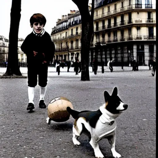 Image similar to a french boy on the streets of paris playing football against a corgi, the dog is wearing a polka dot scarf, book illustration, 1 9 6 6