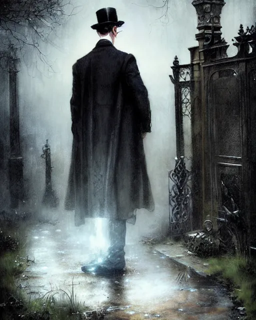 Image similar to sherlock holmes standing in a graveyard, night, detailed, hd, dramatic lighting, by tom bagshaw, by fintan magee, by raymond swanland, by sherree valentine daines