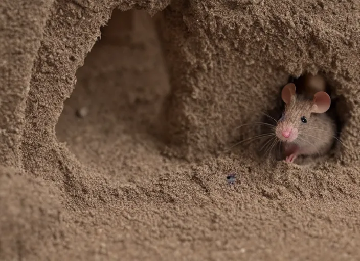 Prompt: dslr photo still of a mouse inside the doorway of a sand castle, 8 k, 8 5 mm f 1. 4