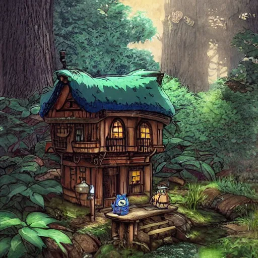 Image similar to Studio Ghibli steampunk cottage in the woods by a stream by Hayao Miyazaki