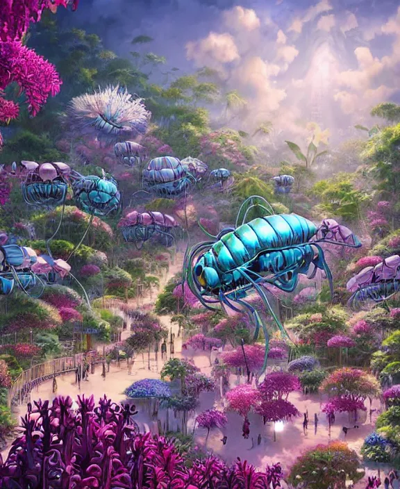 Image similar to an amusement park made out of seamless isopod dragonflies, in the style of a puffy robot, overgrown with orchids, partly cloudy, somber, dramatic lighting, by dan mumford, yusuke murata, makoto shinkai, ross tran, cinematic, unreal engine, cel shaded, featured on artstation, pixiv