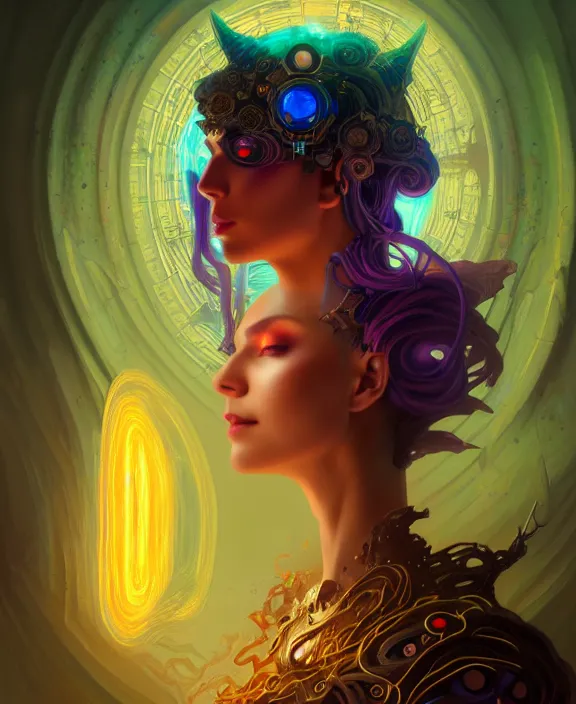 Prompt: whirlwind souls inside metaverse, half body, glowin eyes, tiara, pharaoh, forest, mushrooms, antiques, cyberpunk face, by loish, d & d, fantasy, intricate, elegant, highly detailed, colorful, vivid color, digital painting, artstation, concept art, art by artgerm and greg rutkowski and alphonse mucha and ruan jia