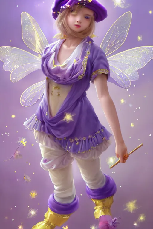 Image similar to Full View fairy maiden with short blond hair wearing an oversized purple Beret, Baggy Purple overall shorts, Short Puffy pants made of silk, silk shoes, a big billowy scarf, Golden Ribbon, and white leggings Covered in stars. covered in embroidery. Short Hair. peasant magic. masterpiece 4k digital illustration by Ruan Jia and Mandy Jurgens and Artgerm and william-adolphe bouguereau, award winning, Artstation, art nouveau aesthetic, Alphonse Mucha background, intricate details, realistic, panoramic view, Hyperdetailed, 8k resolution, intricate art nouveau