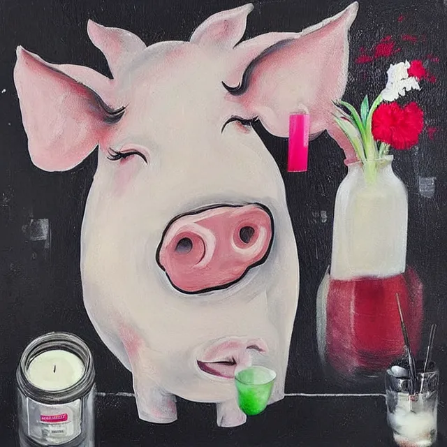 Image similar to “ a portrait in a female art student ’ s apartment, sensual, a pig theme, art supplies, paint tubes, ikebana, herbs, a candle dripping white wax, black walls, squashed berries, berry juice drips, acrylic and spray paint and oilstick on canvas, surrealism, neoexpressionism ”