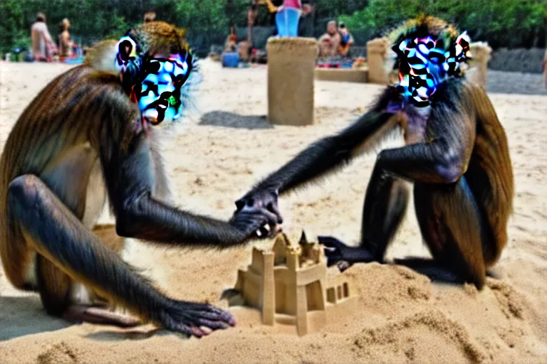 Image similar to a monkey touching a completed sand castle