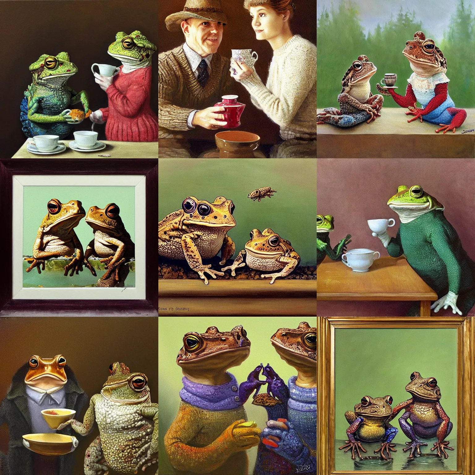 Prompt: a painting of mister and missus Toad drinking tea and wearing sweaters. Lovely painting of two toads by James Gurney