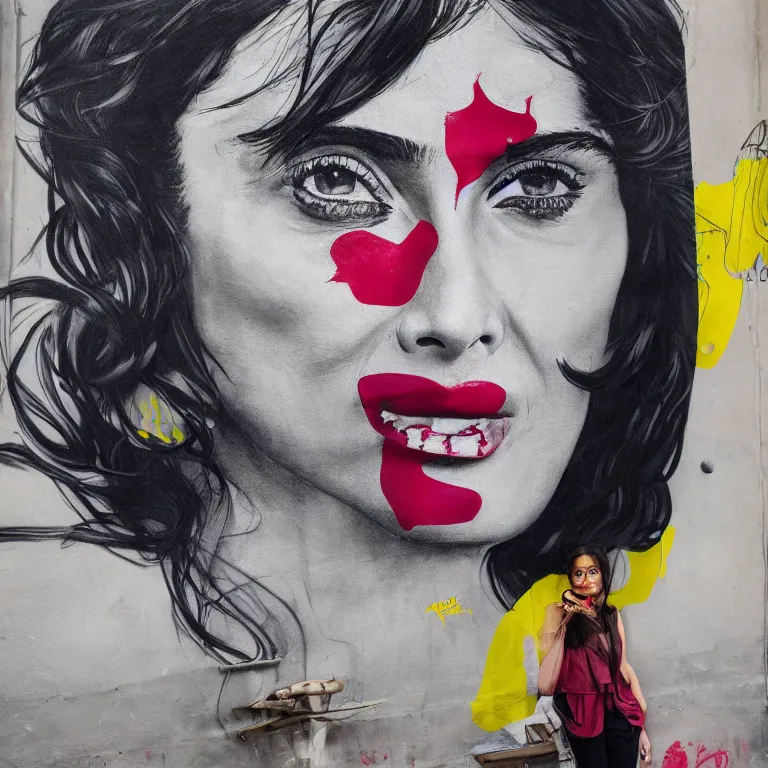 Prompt: Street-art mid-short portrait of Salma Hayek in style of Etam Cru, photorealism, Sony a7R