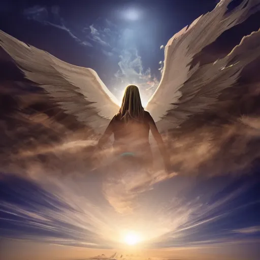 Image similar to gigantic biblical depiction of an angel towering over a vast landscape, cinematic, realistic, geometric body, photorealistic, detailed, white body, global illumination, volumetric lighting, 8 k, god rays, beautiful, majestic clouds, soft colors, heavenly lighting