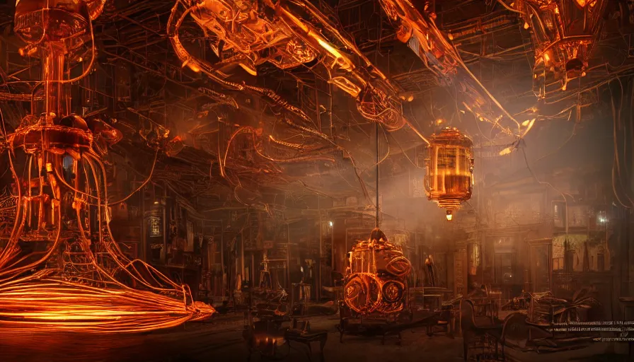 Prompt: Huge glowing electrical Steampunk insects in a victorian museum, james gurney, cinematic lighting, lots of steam and sparks, wires made of copper, artstation, vibrant nature, Tuomas Korpi, tekkon kinreet, volumetric light, artstation, , octane render, redshift render, low angle camera, rich deep moody colors