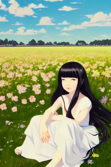 Prompt: little girl with her long black hair dressed in a simple white dress laying down on a flowery field, anime art style, digital art by ilya kuvshinov, inspired by balthus, hd, 4 k, hyper detailed, rear view