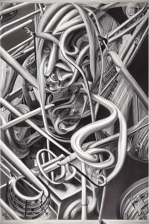 Image similar to music inspires my soul. by mc escher, hyperrealistic photorealism acrylic on canvas