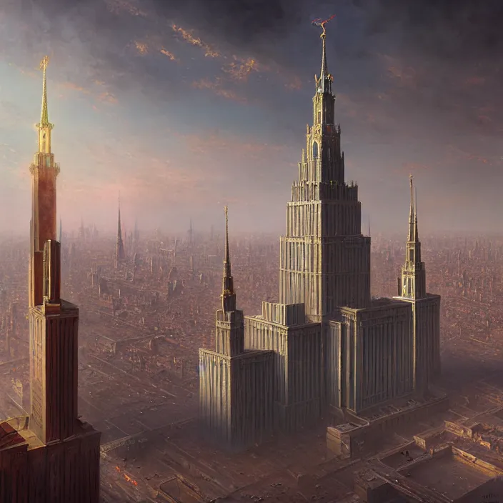 Prompt: matte painting by marc simonetti, jonathan solter, greg rutkowski of a moscow state university building, masterpiece, cinematic, hyperdetailed, photorealistic, hyperrealism, architecture, aerial view,