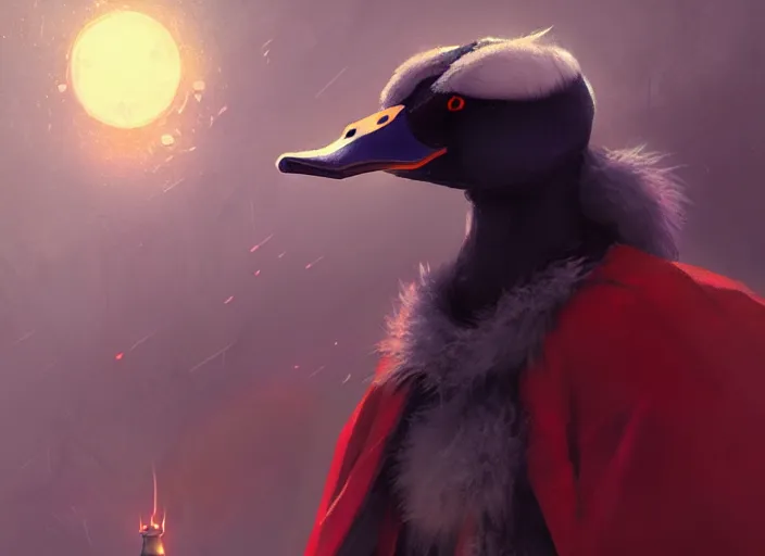 Image similar to cute fluffy mallard duck with vampire fangs wearing red cultist robe, details, cyberpunk, epic, sacrificial altar, landscape illustration concept art anime key visual trending pixiv fanbox by wlop and greg rutkowski and makoto shinkai and studio ghibli and kyoto animation symmetrical facial features