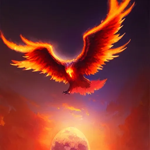 Image similar to phoenix flying in front of the moon, glowing light, fire, oil painting by greg rutkowski, 8 k