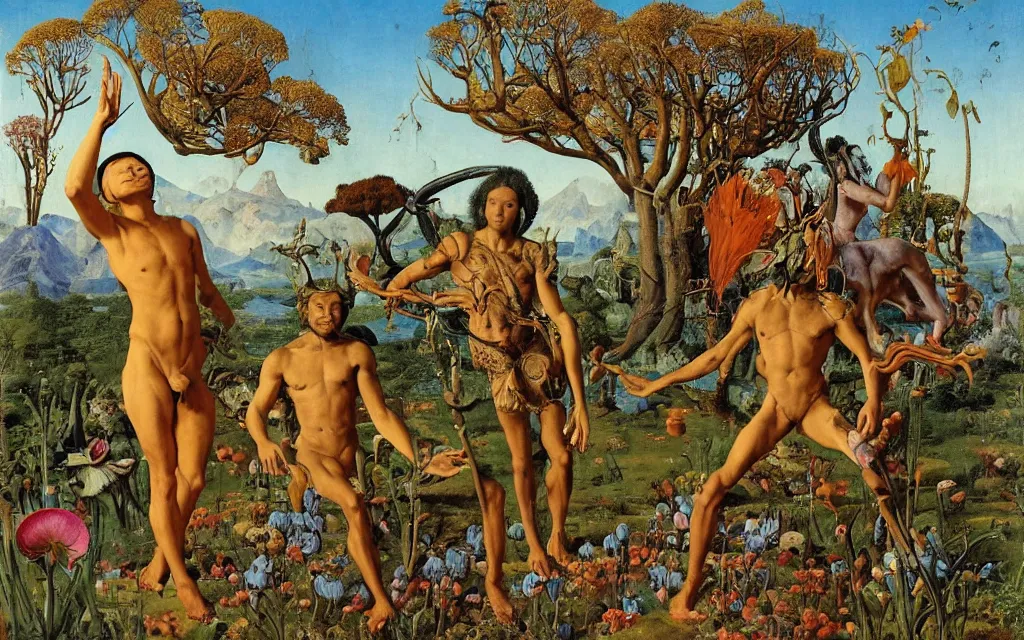 Image similar to a portrait photograph of a meditating satyr and a centaur monk riding a rocket machine and hunting at a river delta. surrounded by bulbous flowers and trees. mountain range under a blue sky of fiery stars. by jan van eyck, max ernst, ernst haeckel, ernst fuchs and artgerm, cgsociety, fashion editorial, 8 k