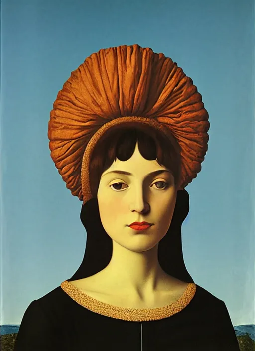 Image similar to portrait of young woman in renaissance dress and renaissance headdress, art by rene magritte