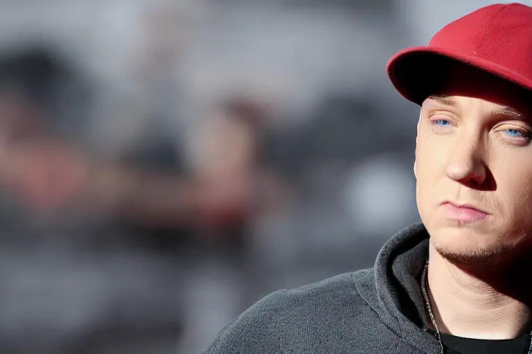 Image similar to eminem in an empty parking lot, close up shot