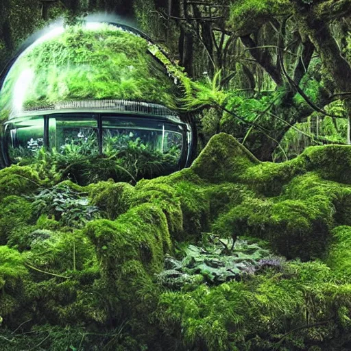 Prompt: a place overgrown with plants, there is a broken spaceship, the space ship has moss on it, hyper realistic, atmospheric