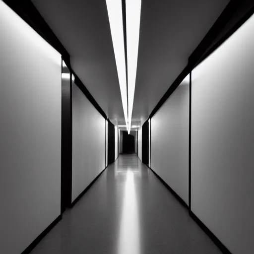 Prompt: dark office corridor with light at the end, giant face in the shadow, high detailed, liminal space photography 4k - H 768