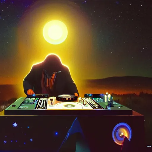 Image similar to A man djing at night under the stars, beautiful, digital art, artstation, hyperrealistic, 8k, unreal engine, octane render, trending on artstation, art by Artgerm and Greg Rutkowski and Alphonse Mucha and Beeple