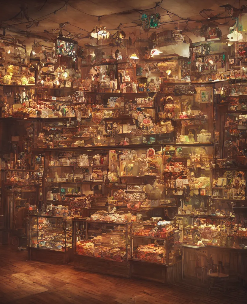 Image similar to Inside an old fashioned sweet shop, fantasy vendor interior, wide angle, cinematic shot, highly detailed, cinematic lighting , photorealistic, trending on cgsociety and unreal engine