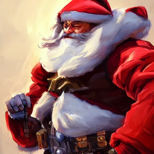 Image similar to greg manchess portrait painting of fully armored santa claus as overwatch character, medium shot, asymmetrical, profile picture, organic painting, sunny day, matte painting, bold shapes, hard edges, street art, trending on artstation, by huang guangjian and gil elvgren and sachin teng