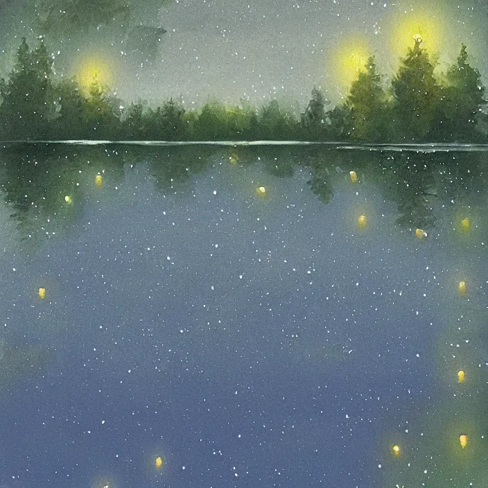 Image similar to lake trees night fireflies glowing above water digital painting concept art