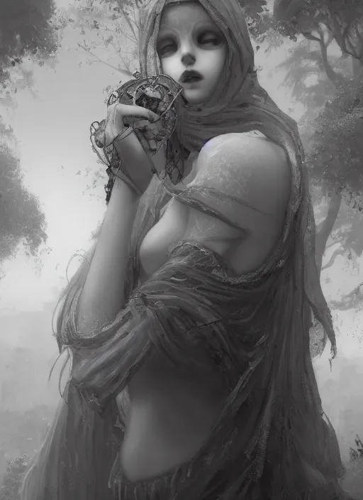 Image similar to close up of a veiled half scull mask girl on the ruins temple, fingers on lips, looking at the camera very curiously, smog on the floor, extremely beautiful and aesthetic and attractive detailed face and body, intricate, chiaroscuro, model pose, fantasy illustrations, light novel cover art, by makoto shinkai and jeremy lipking and ferdinand knab