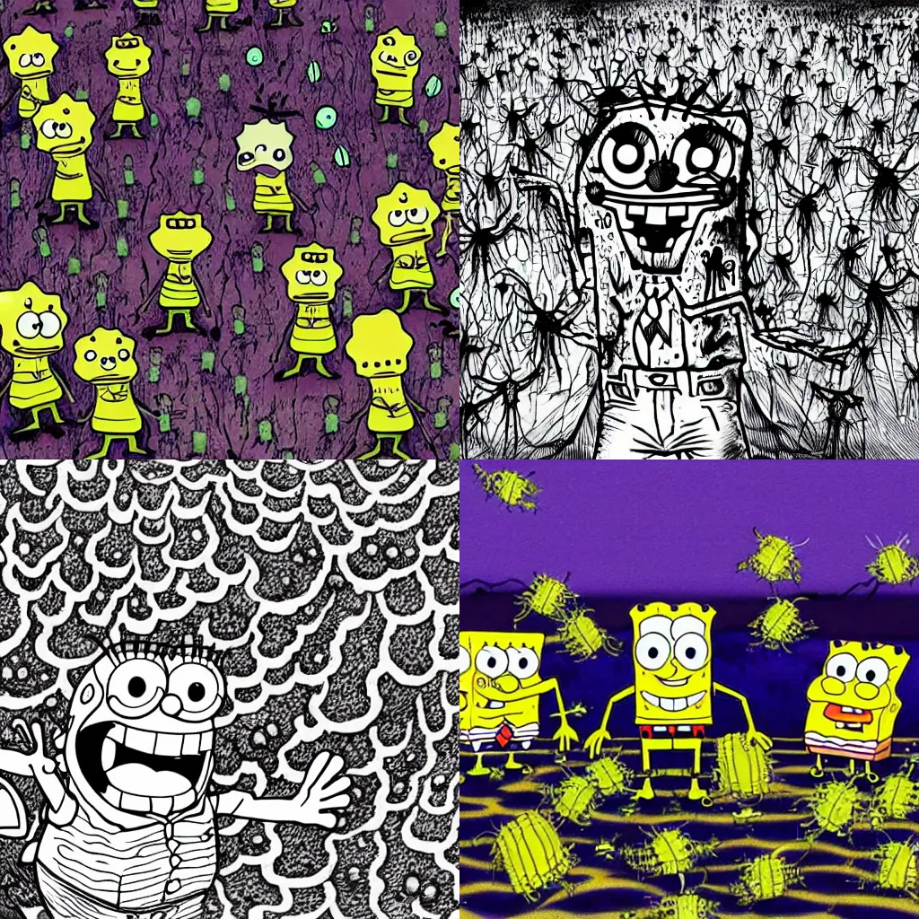 Prompt: spongebob infested by a swarm of insects, horror, scary, junji ito