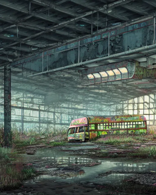 Prompt: a beautiful detailed illustration of abandoned building bus station by denise scott brown, apocalyptic tundra reclaimed by nature wilderness magic realism junglepunk liberty city studio ghibli thermal vision poppy cyberpunk meadow thermal imaging darkacademia biopunk dramatic lighting, archdaily, wallpaper, highly detailed, trending on artstation.