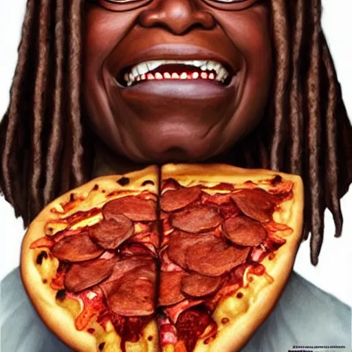 Prompt: portrait of whoopi goldberg opening his mouth to eat pizza, highly detailed, digital painting, artstation, concept art, sharp focus, illustration, art by artgerm and greg rutkowski and alphonse mucha