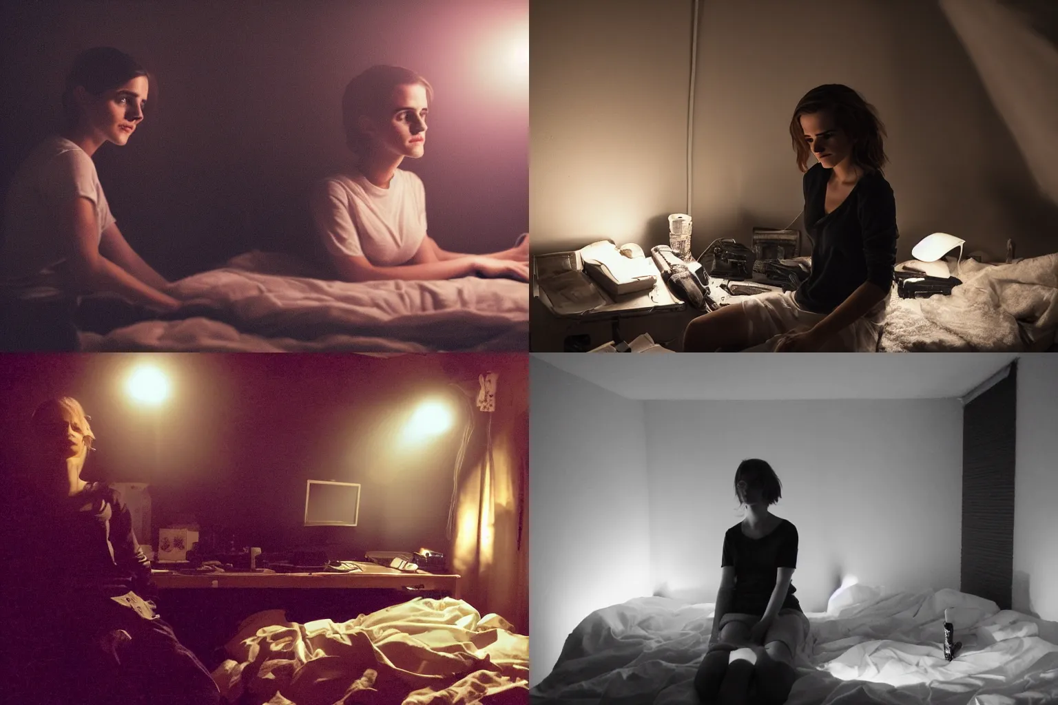 Prompt: a tired and slightly pervert prompt artist in his dark room, ready to have stable diffusion dream another random picture starring emma watson, night, monitor is the only light source, room is a mess