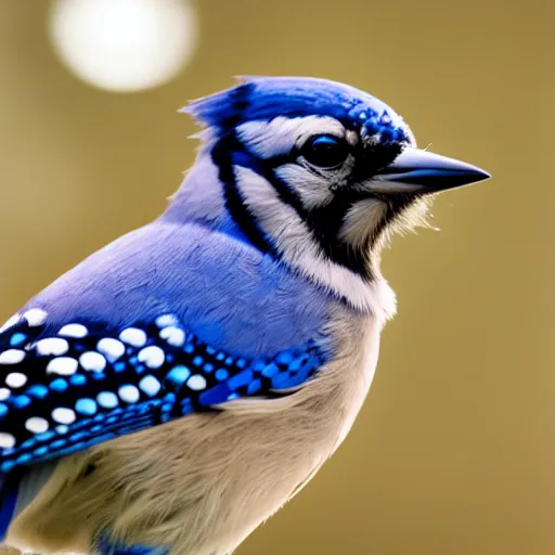 Prompt: photograph of a bluejay staring directly into the camera