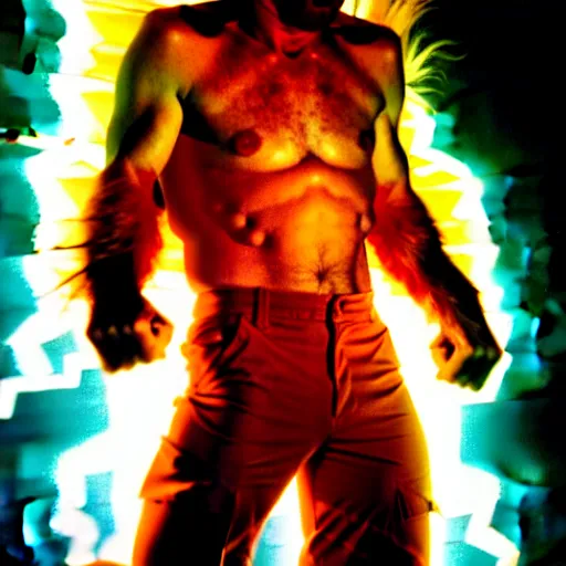 Image similar to uhd candid photo of cosmic chuck norris as a super sayian powering up, glowing, global illumination, studio lighting, radiant light, detailed, correct face, elaborate intricate costume. photo by annie leibowitz