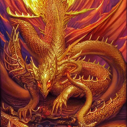 Prompt: Smaug the golden fire dragon hoarding his gold and shiny gems by Mark Brooks, Donato Giancola, Victor Nizovtsev, Scarlett Hooft, Graafland, Chris Moore