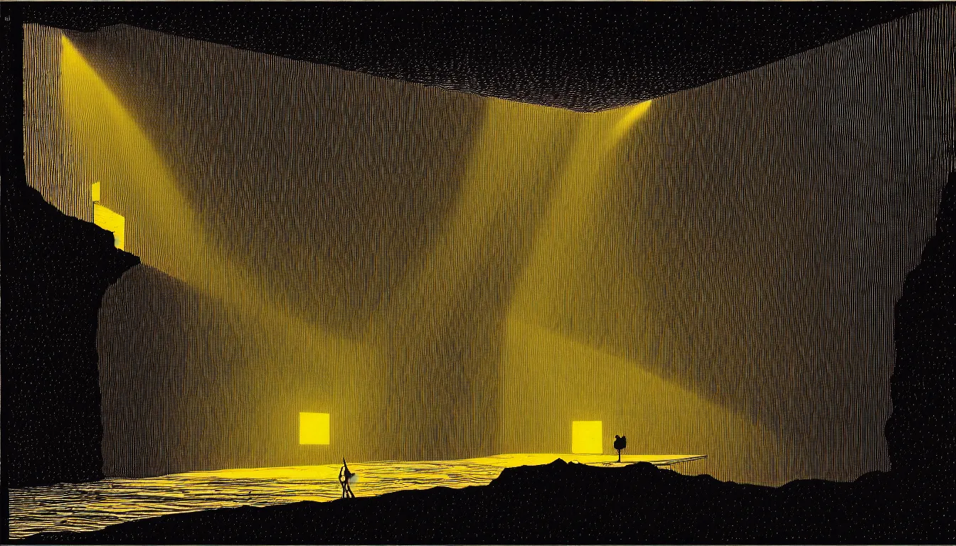 Image similar to cave with light rays by dan mumford and peter doig and edward hopper, symmetrical, minimal, black ink, thick lines highly detailed, muted colours 8 k