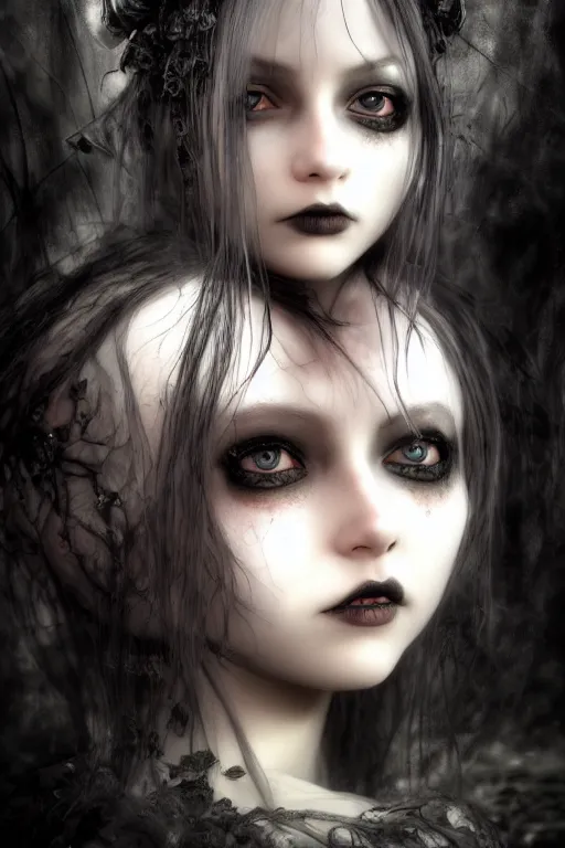 Image similar to Gothic girl dreamy close face portrait, dark background. digital art. amazing quality. perfect lighting. Professional design. Great composition. by Annie Leibovitz and Ayami Kojima and Tomoyuki Yamasaki and Tsutomu Nihei, octane render, award winning art. impressive colors. trending on artstation. James Ensor style