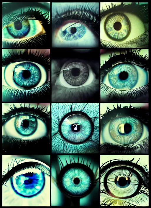 Image similar to montage centered thin ring iris, detailed colored iris textures, eyelashes, advanced art, art styles mix, from wikipedia, wet eye relections, sunshine, hd macro photograph, from side, grid of eye shapes