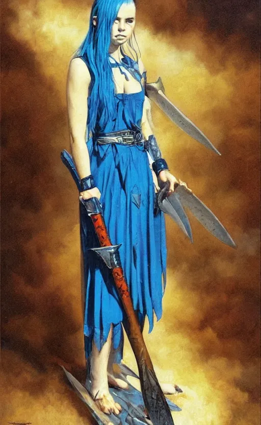 Prompt: little angry girl with blue hair, warrior dress, by gerald brom