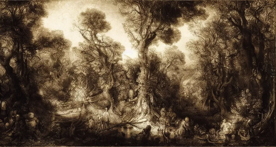 Prompt: Enchanted and magic forest, by Rembrandt