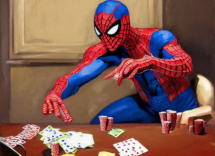 Image similar to a highly detailed beautiful portrait of spiderman playing poker, by gregory manchess, james gurney, james jean